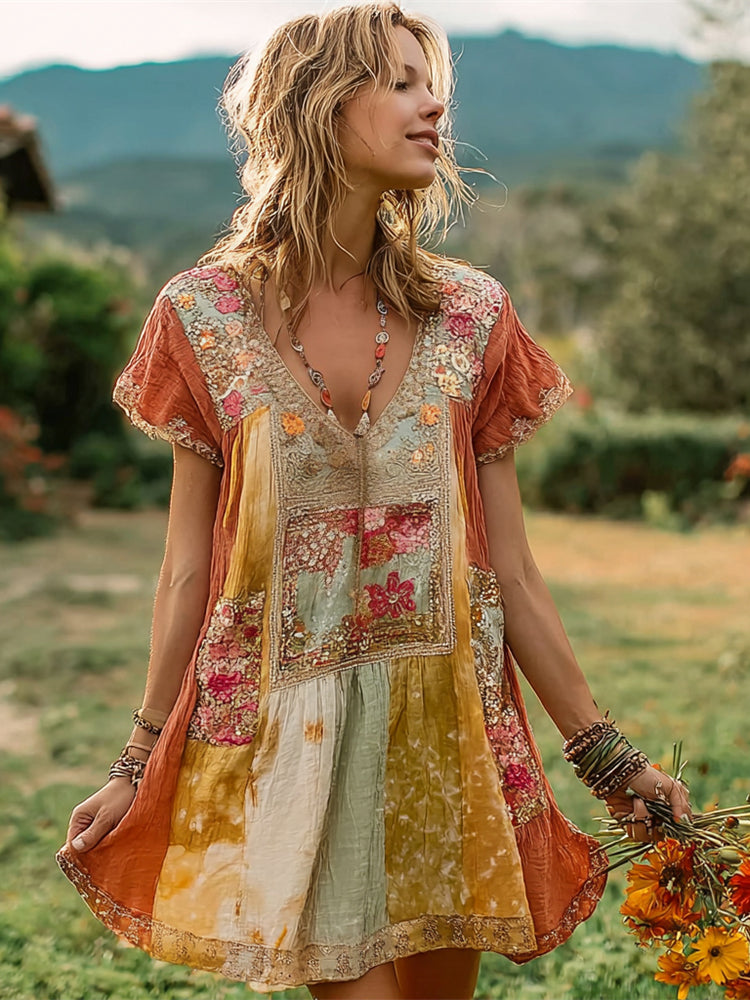 Boho Style Sunset Floral Patchwork Linen Short-Sleeve Mini Dress