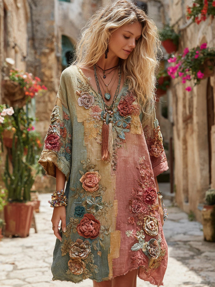 The Ice Cream Collection Classic Bohemian Floral and Rose Gradient Art Linen Long-Sleeve Midi Dress