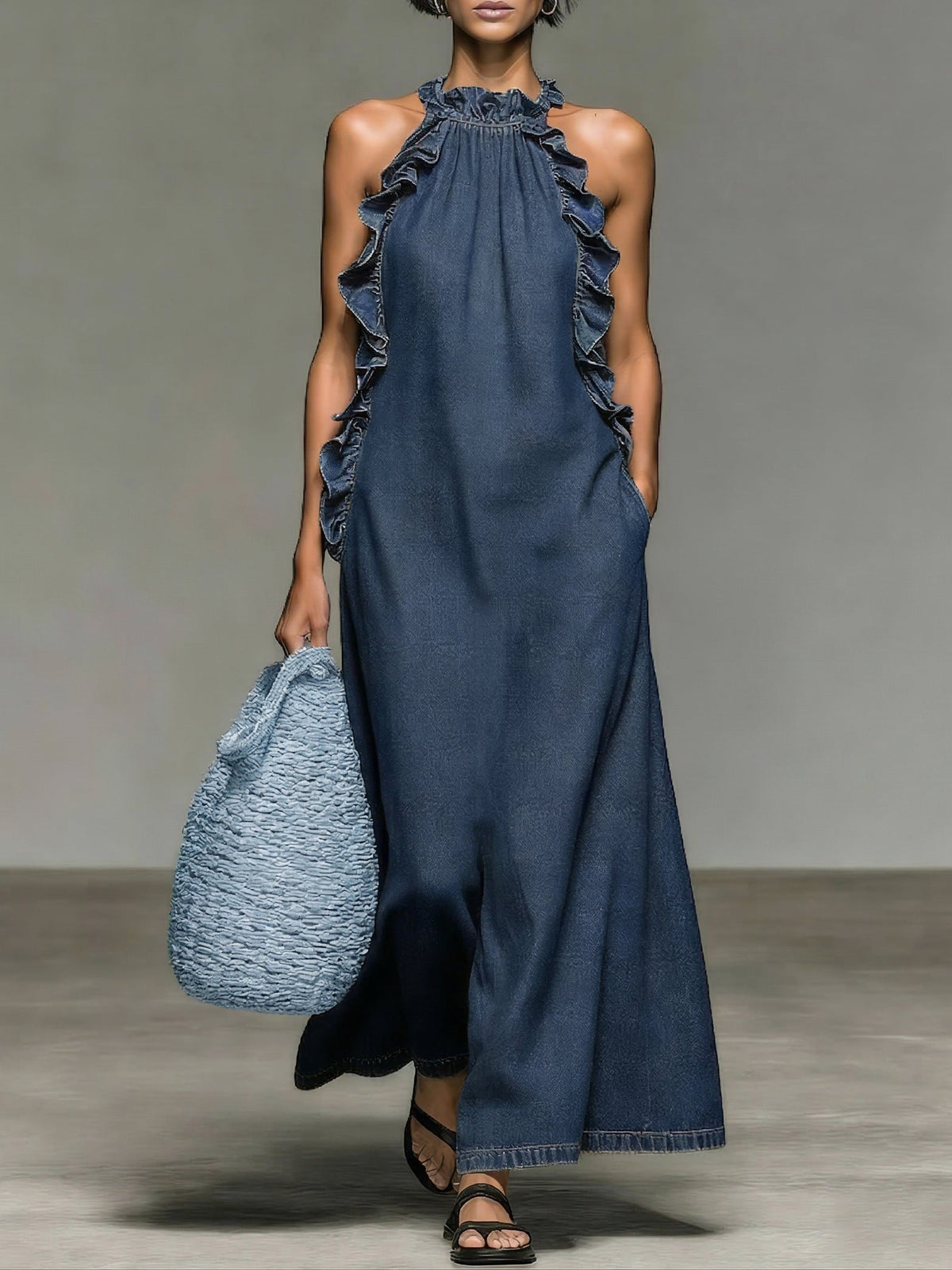 Elegant and Romantic Ruffled Denim Dress