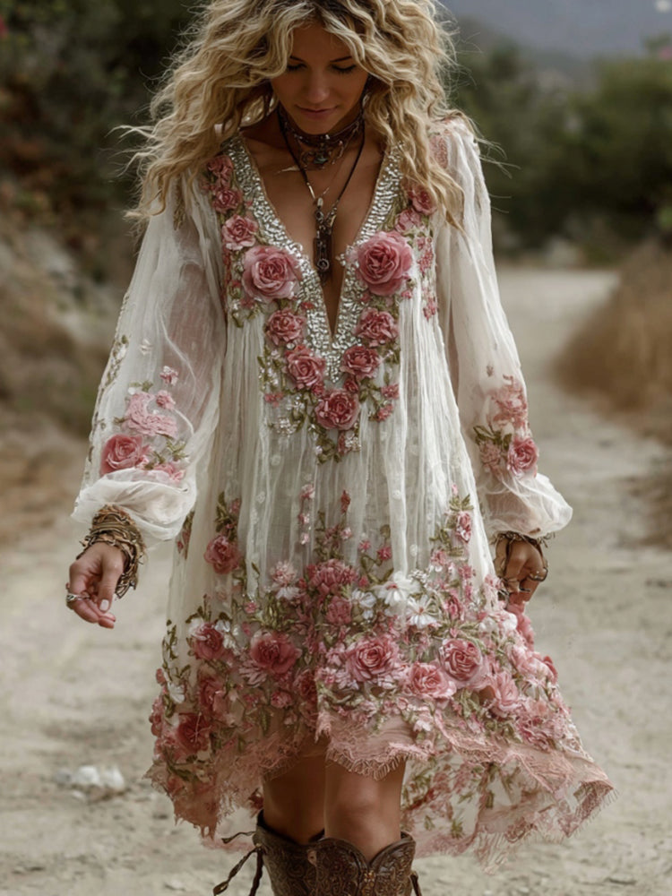 Vintage Floral Embroidery Art V-Neck Long-Sleeve Mini Dress