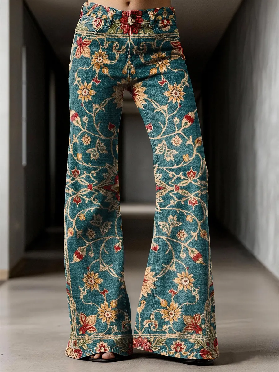 Retro Pattern Art Print Casual Flared Jeans