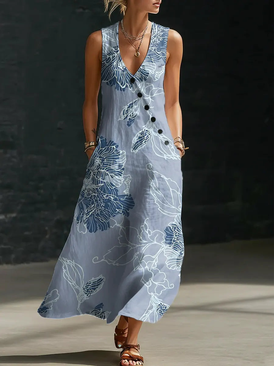 Floral Pattern Art Print Casual Cotton Linen Dress