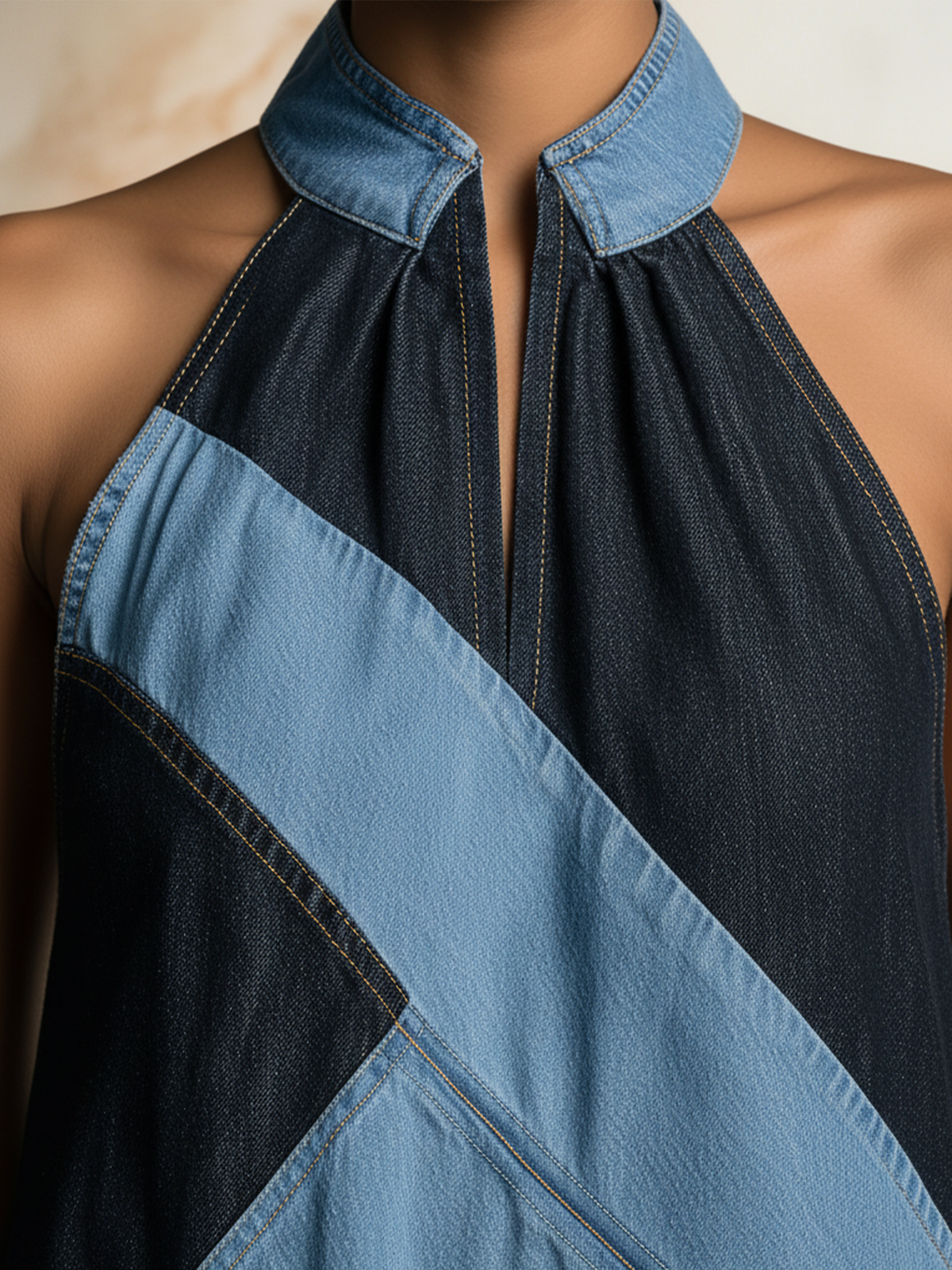 Colorblock Denim Halter Maxi Dress Sleeveless