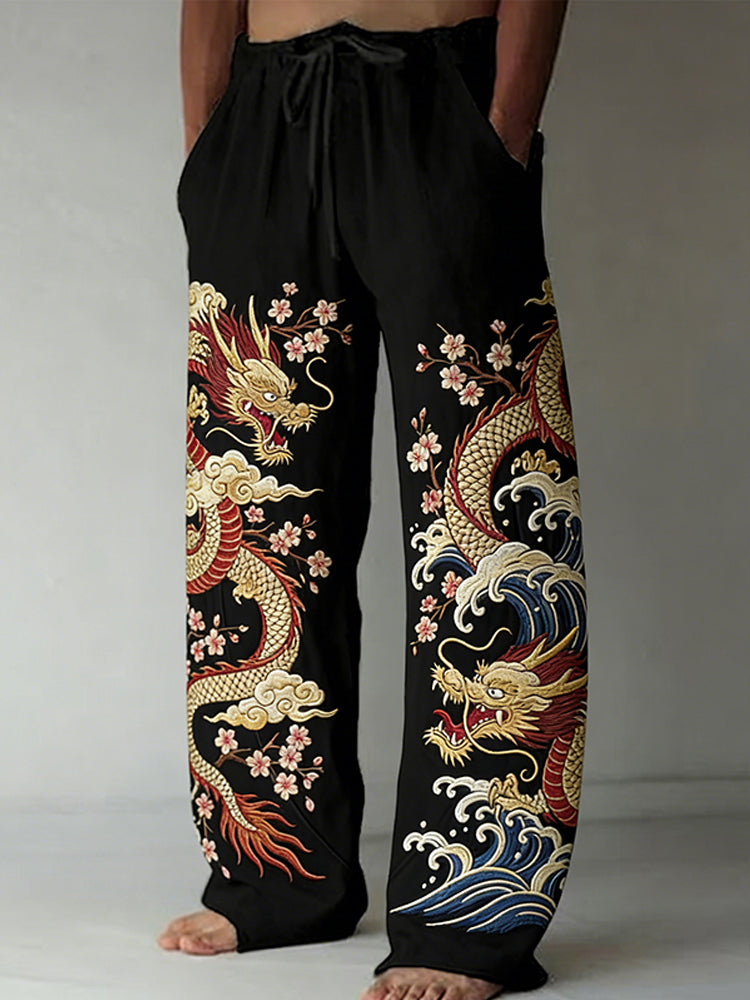Men's Japanese Dragon and Cherry Blossom Art Comfy Linen Pants