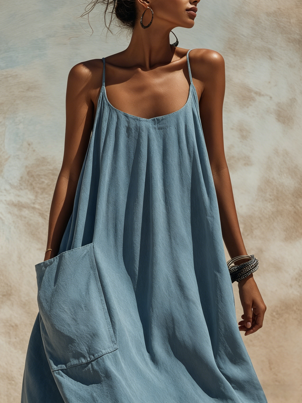 Slate Blue Linen-Blend Maxi Slip Dress with Oversized Pocketed Casual Dress