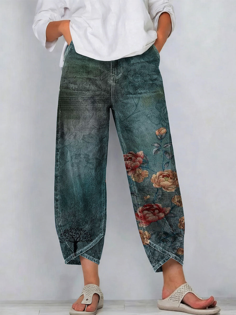 Vintage Flowers Floral Patterns Art Prints Casual Denim Cotton Pants