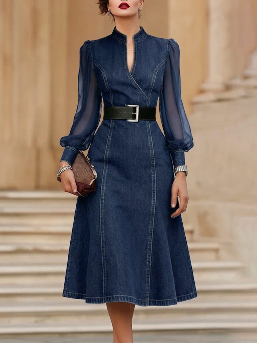 Stylish Denim Dress with Organza Sleeve Panels