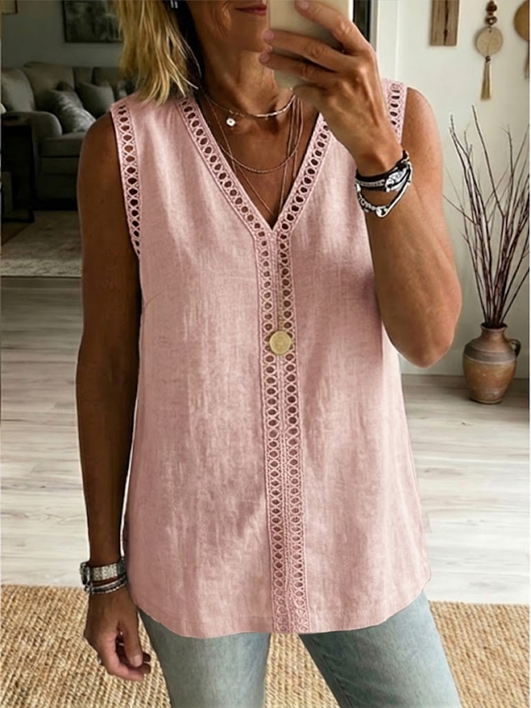 Casual Sleeveless Linen and Cotton Top with Cutout Webbing and Patchwork Detail
