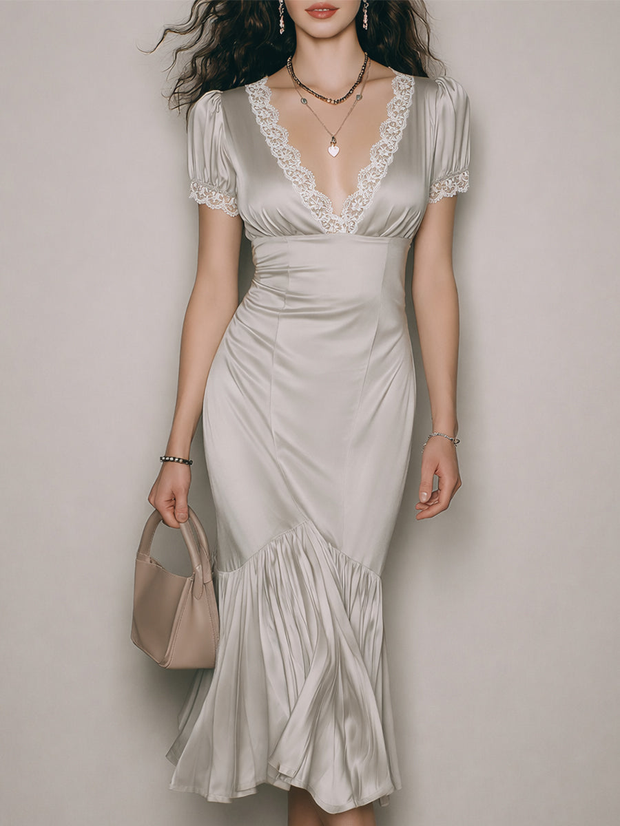 Vintage Satin Mermaid Midi Dress with Lace Trim