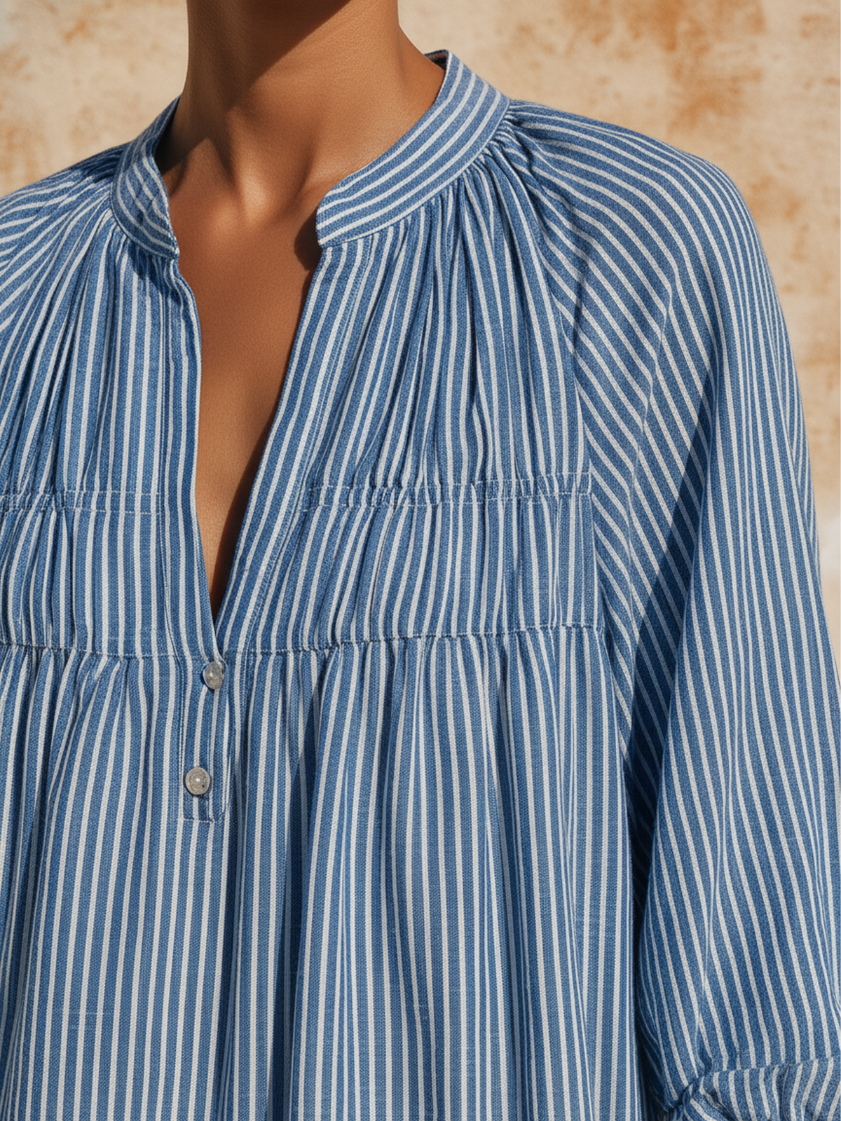 Blue and White Striped Linen Blend Midi Dress