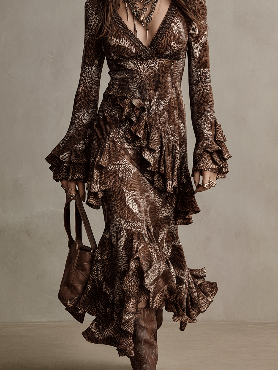 Vintage Brown Flounce Long-Sleeve Gown Maxi Dress