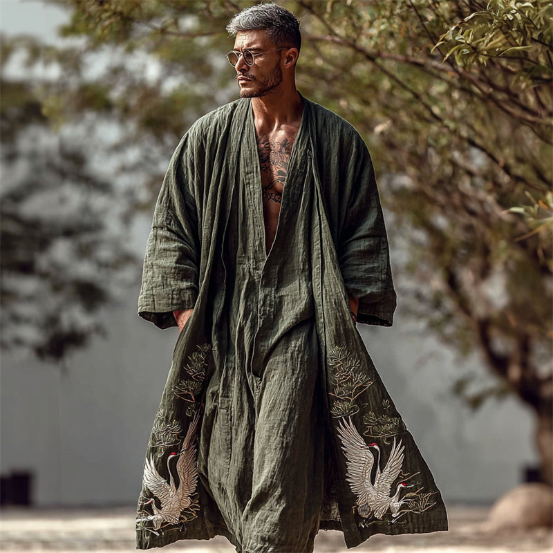 Men's Japanese Cranes and Pine Trees Linen Long Kimono