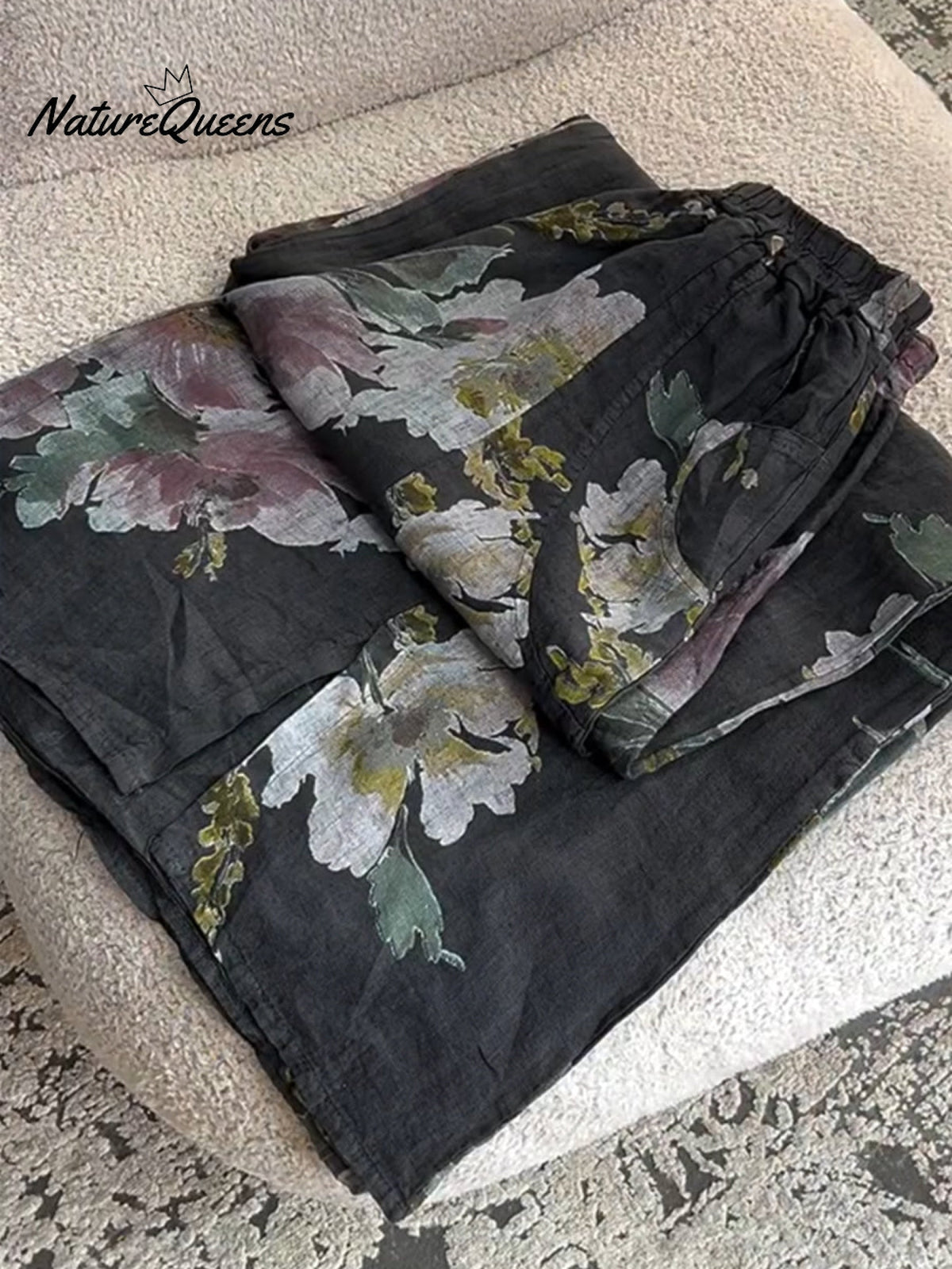 Vintage Floral Print Casual Cotton and Linen Pants
