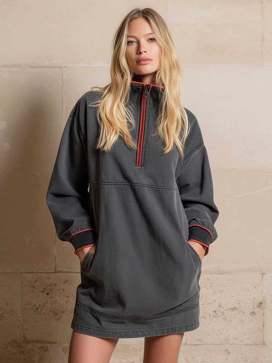 Retro-Style Stand-Collar Zippered Gray Denim Long-Sleeved Mini Dress