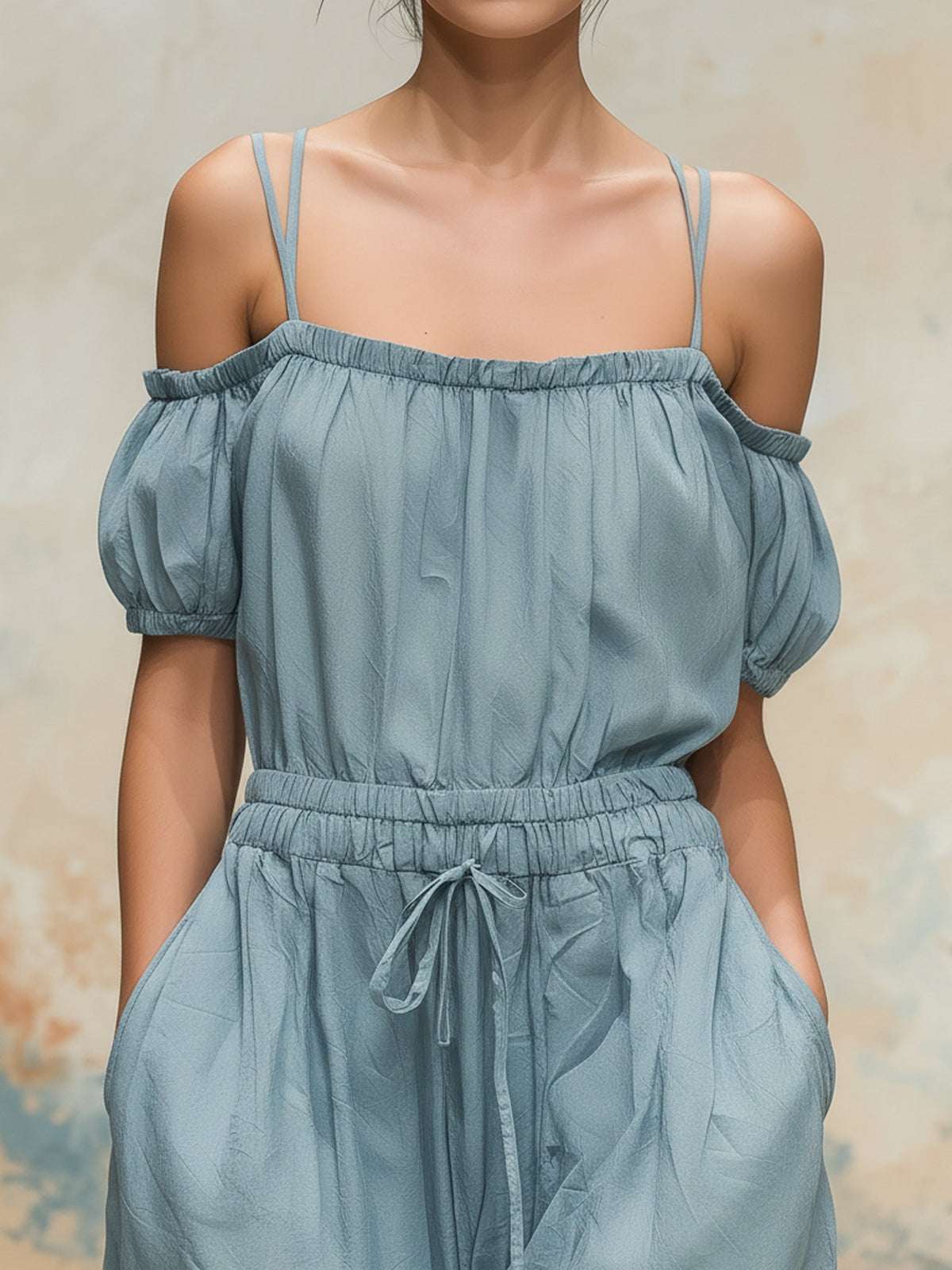 Off-The-Shoulder Puff Sleeve Balloon Leg Jumpsuit with Drawstring Waist