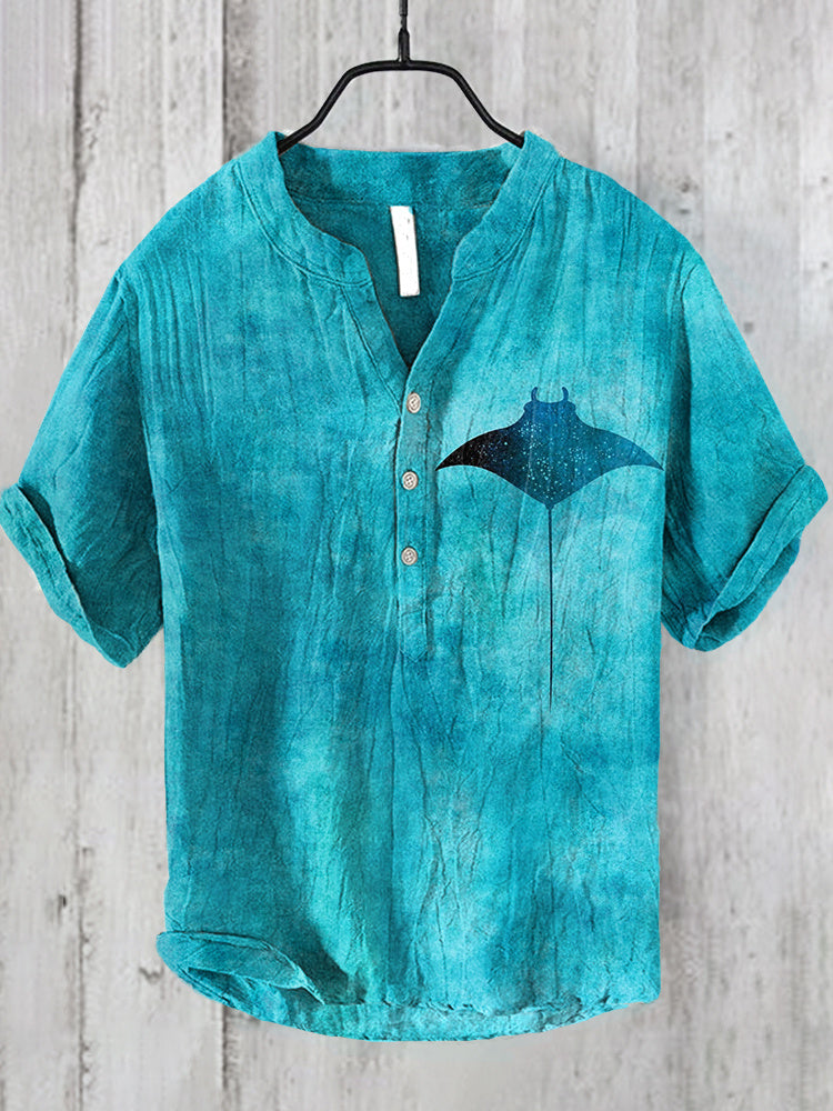 Manta Rays Art Print Linen Blend Casual Shirt