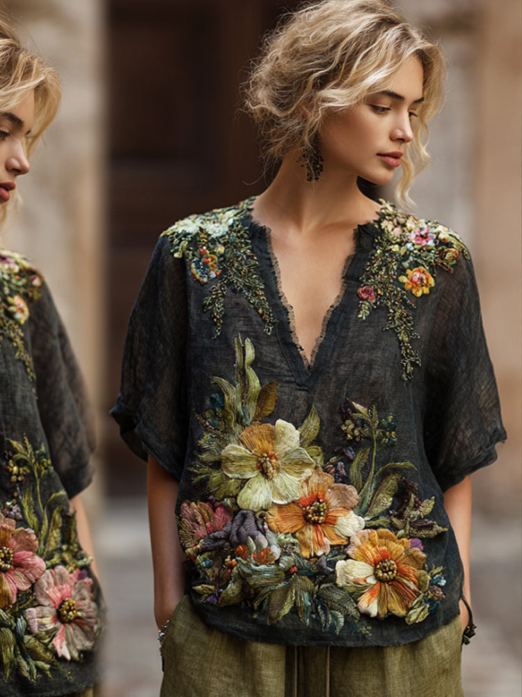 Bohemian Style Three-Dimensional Flower Sequin Embroidery Vintage Black V-Neck Short-Sleeve