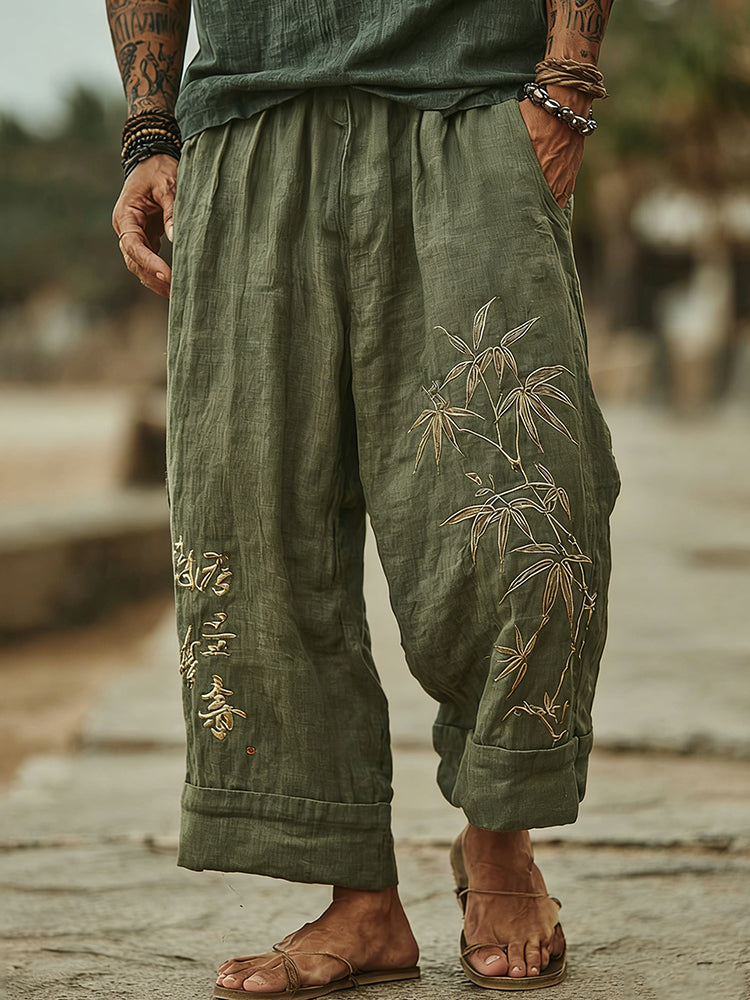 Men's Japanese Bamboo Art Wide-Leg Linen Pants