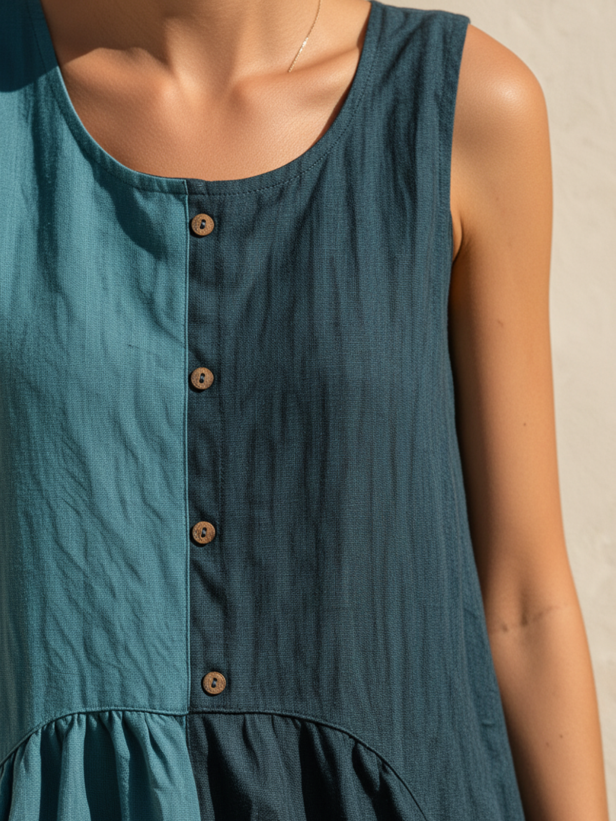 Teal Colorblock Sleeveless Linen-Blend Maxi Dress