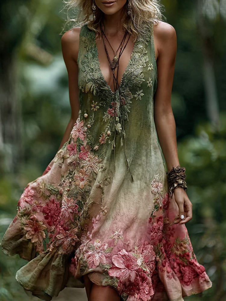 Vintage Gradient Rose and Floral Embroidered Linen Midi Dress