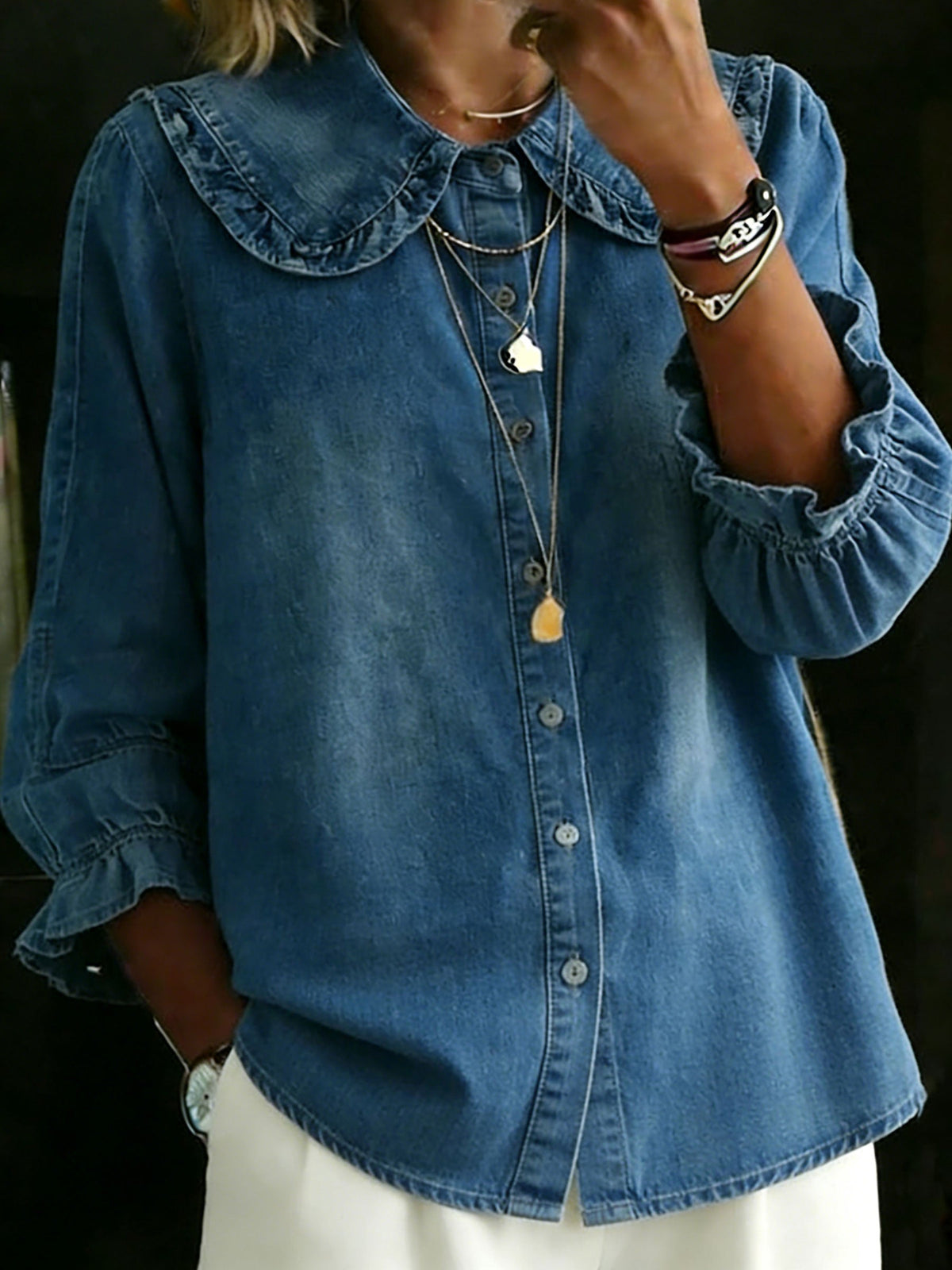 Peter Pan Collar Denim Cotton Shirt