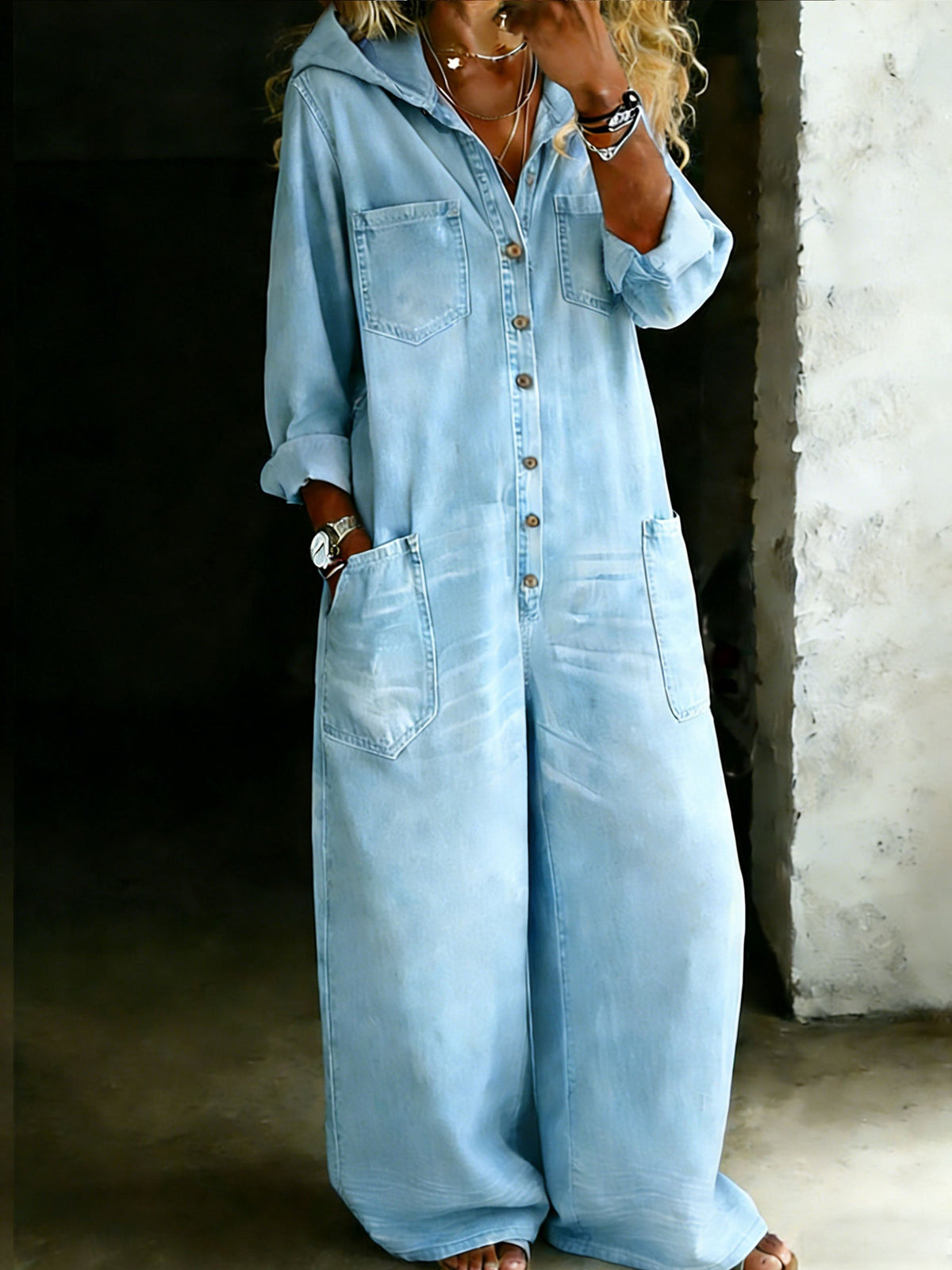 Cotton One Piece Hoodie Denim Jumpsuit