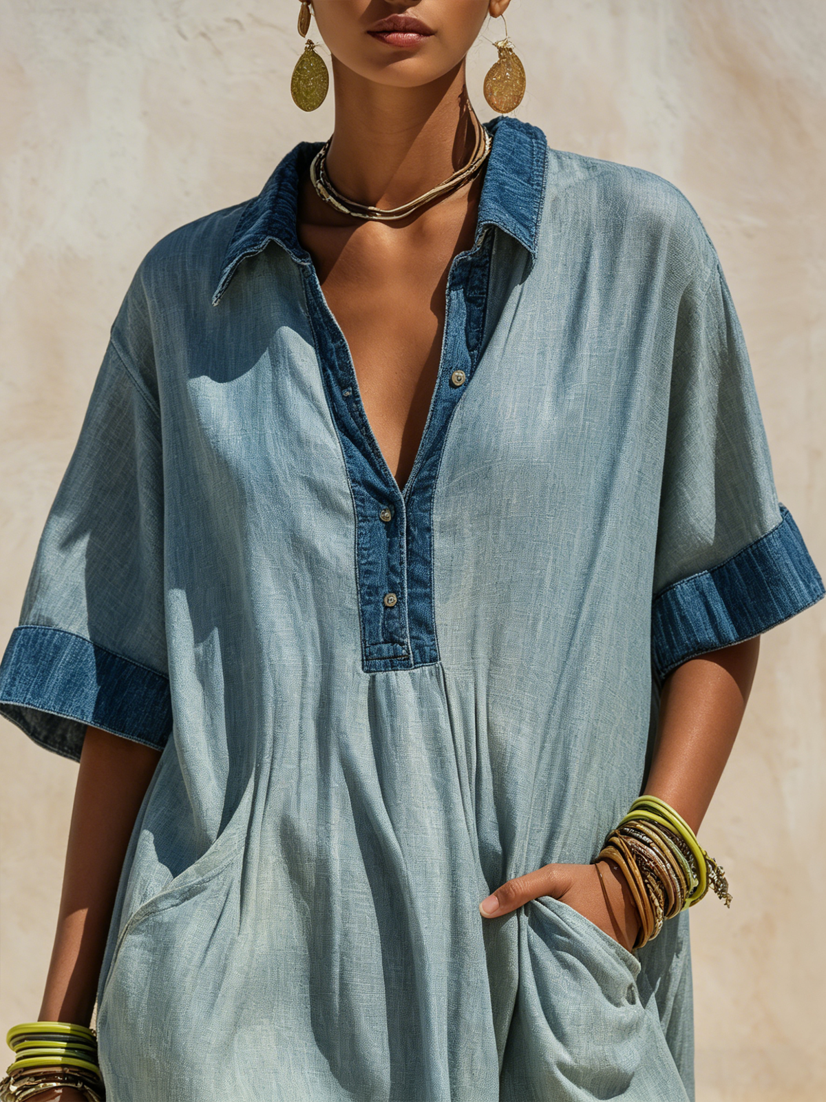 Oversized Denim Linen Maxi Dress with Breathable Two-Tone Casual Cover-Up