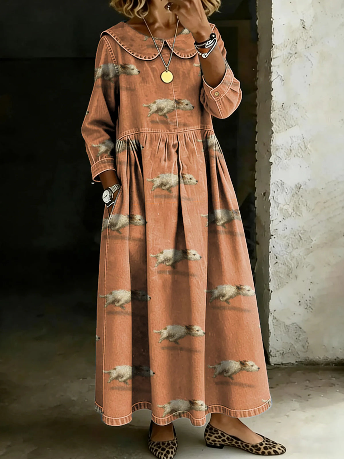 Retro Funny Cute Running Dog Splicing Long-Sleeved Loose-Fitting Casual Denim Dress