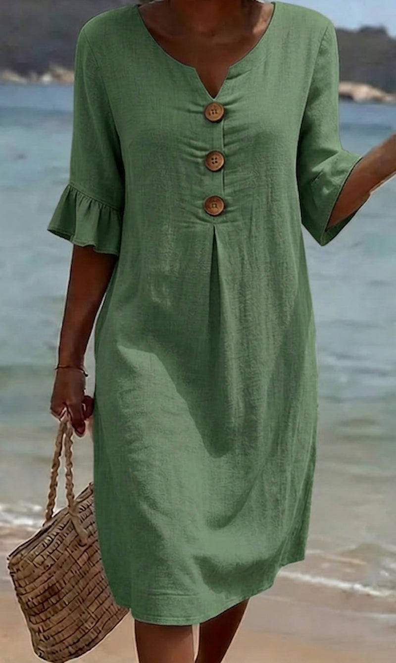 Solid Color Casual Button-Down Cotton Dress