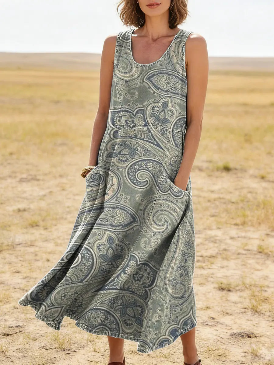 Vintage Pattern Art Print Casual Cotton Denim Dress