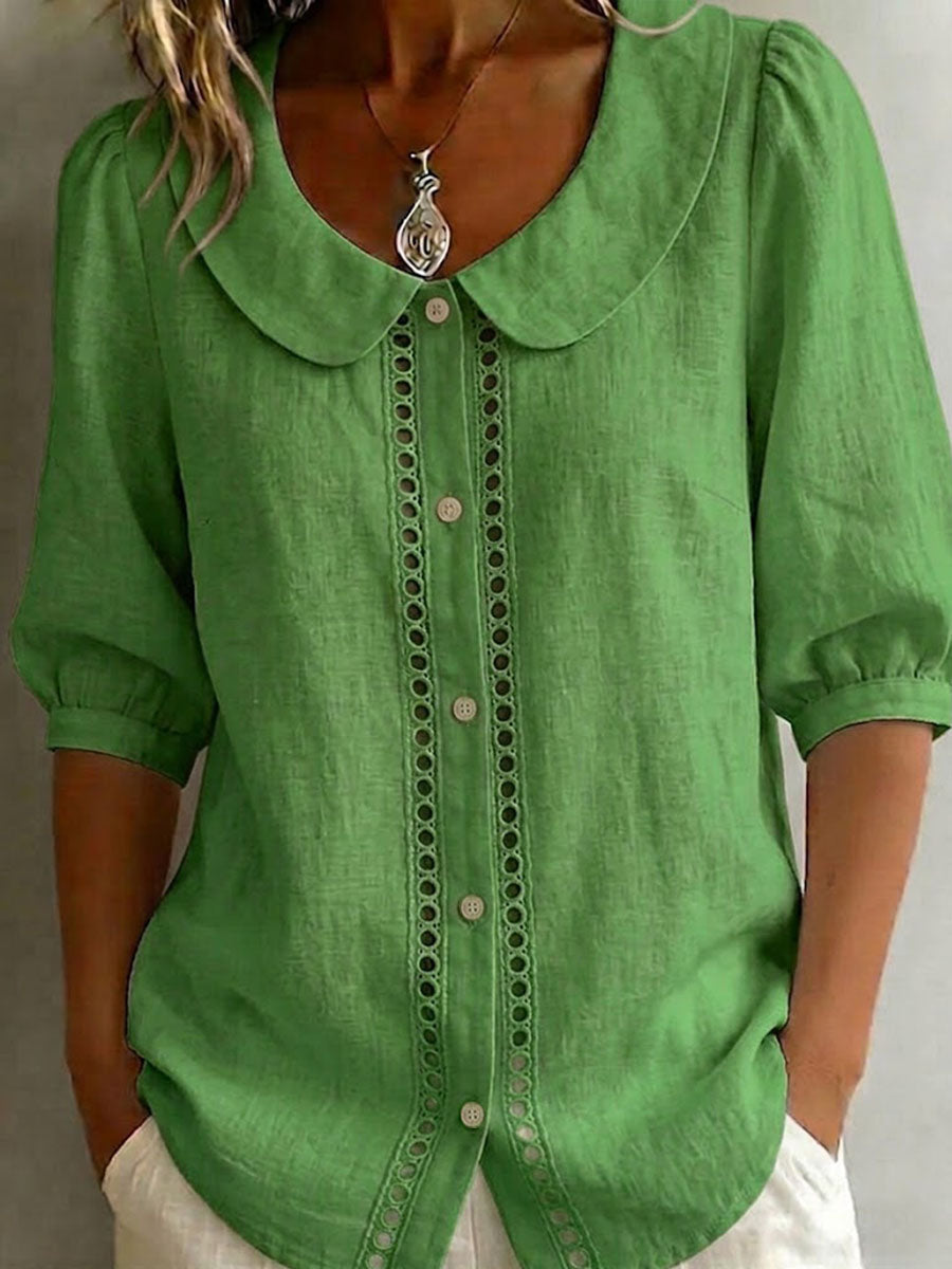 Solid-Color Peter Pan Collar 3/4-Sleeve Casual Loose Cotton-Linen Shirt