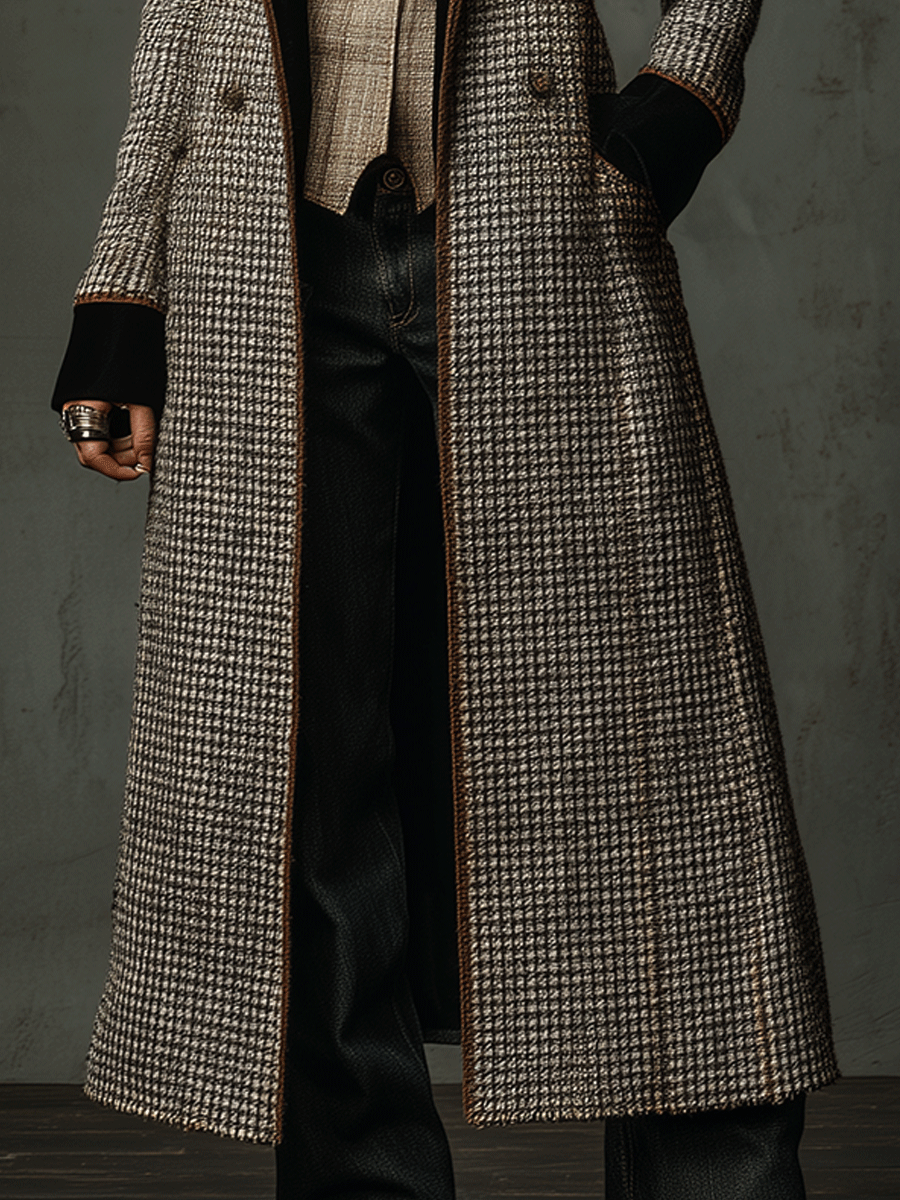 Vintage Plaid Wool-Blend Velvet Lapel Long Coat