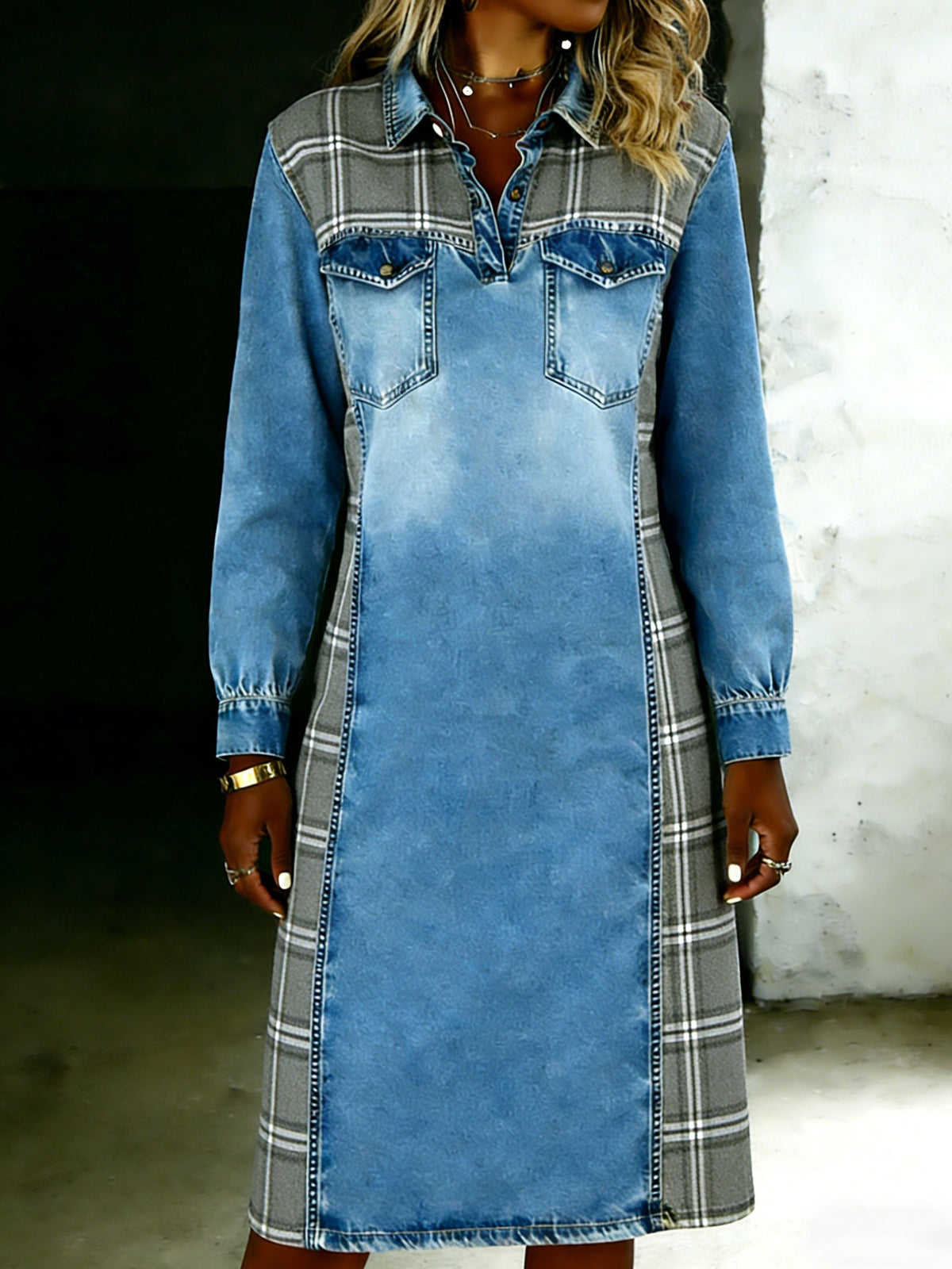 Casual Fashionable Denim Patchwork Contrast Colors Dress