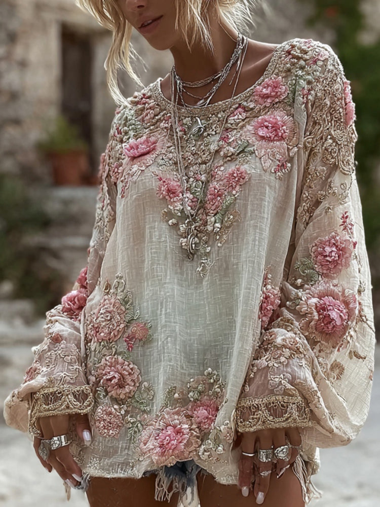Pink Rose Embroidery Art Round Neck Linen Blend T-Shirt