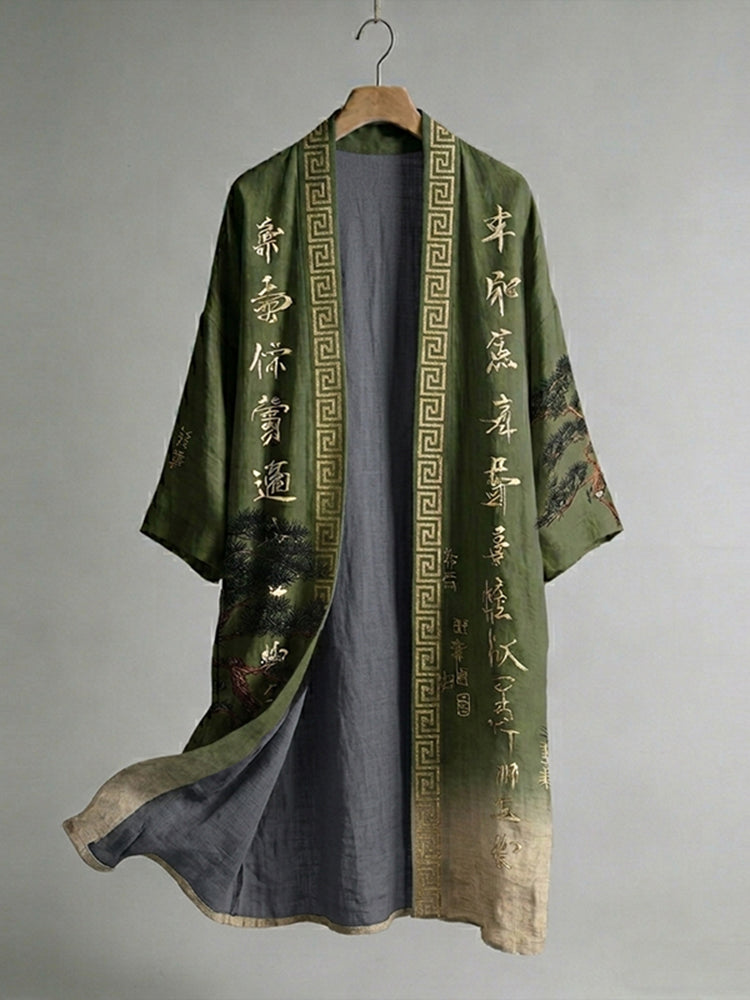 Men's Japanese Pine Tree and Calligraphy Linen Long Kimono