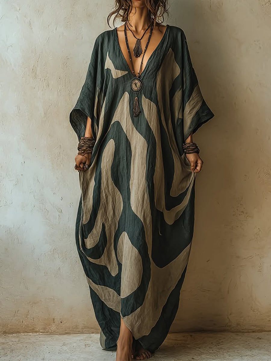 Bohemian Print Casual V-Neck Cotton Linen Dress