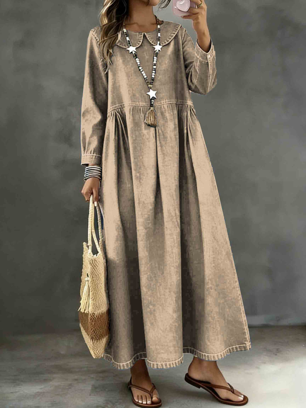 Long-Sleeve Lotus Leaf Collar Loose Denim Dress