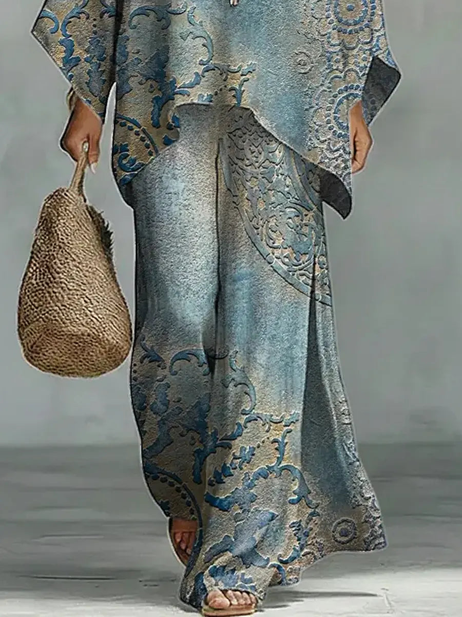 Vintage Floral Art Comfortable Loose Cotton Linen Wide-Leg Pants Two-Piece Set
