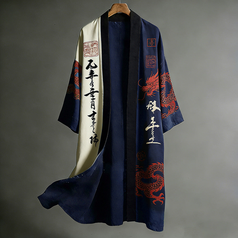 Retro Japanese Dragon Art Flowing Black and Red Contrasting Linen Long Kimono