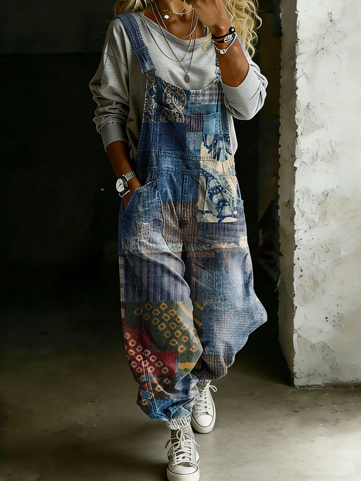 Patchwork Print Casual One Piece Denim Jumpsuit