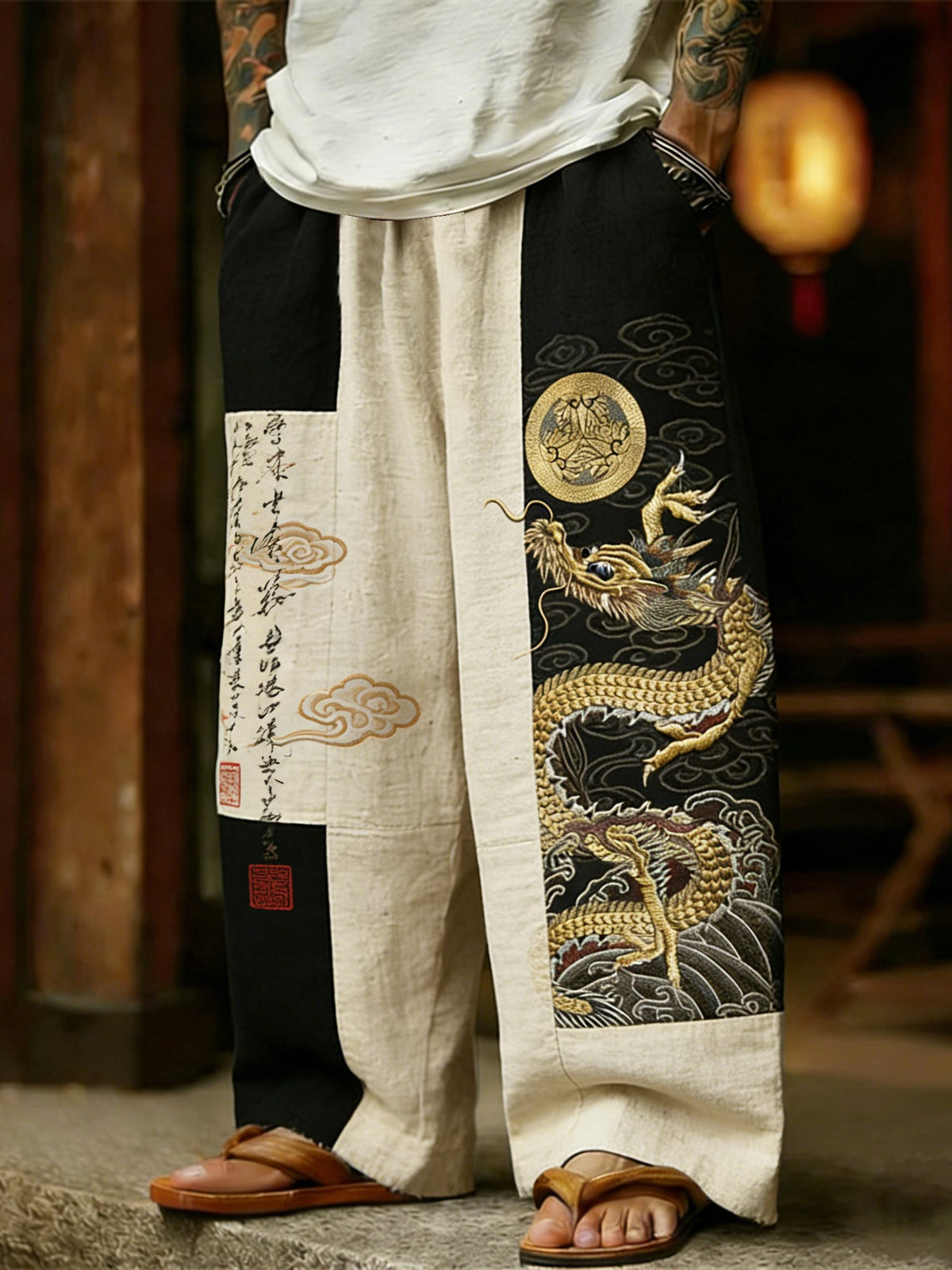 Men's Retro Dragon and Calligraphy Art Wide-Leg Linen Pants