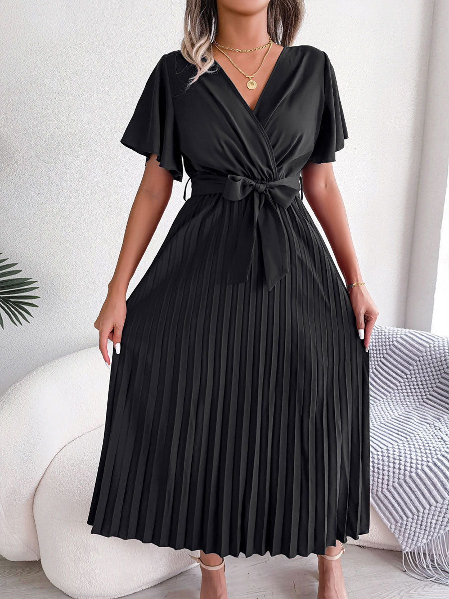 Casual Cross V-Neck Ruffled Pleated Dress