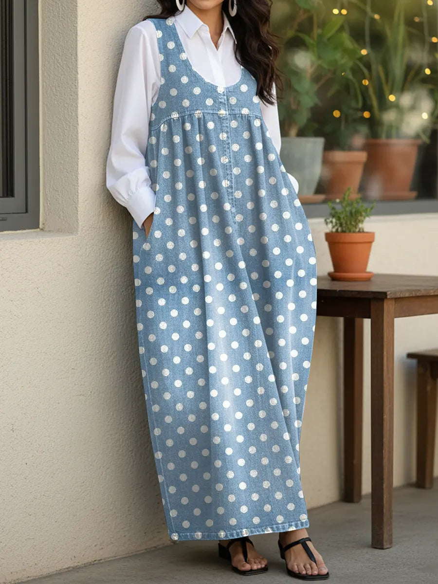 Cute Polka Dots Casual Loose Denim Vest Dress