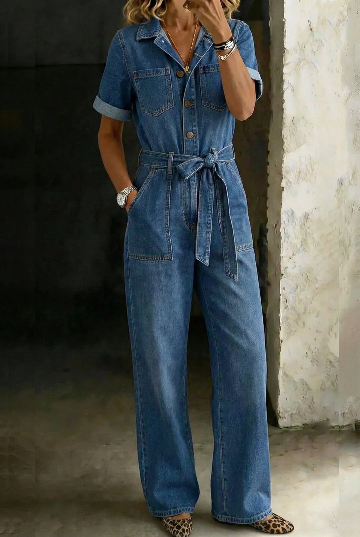 Fashion Casual Belt Short-Sleeved Denim Jumpsuit