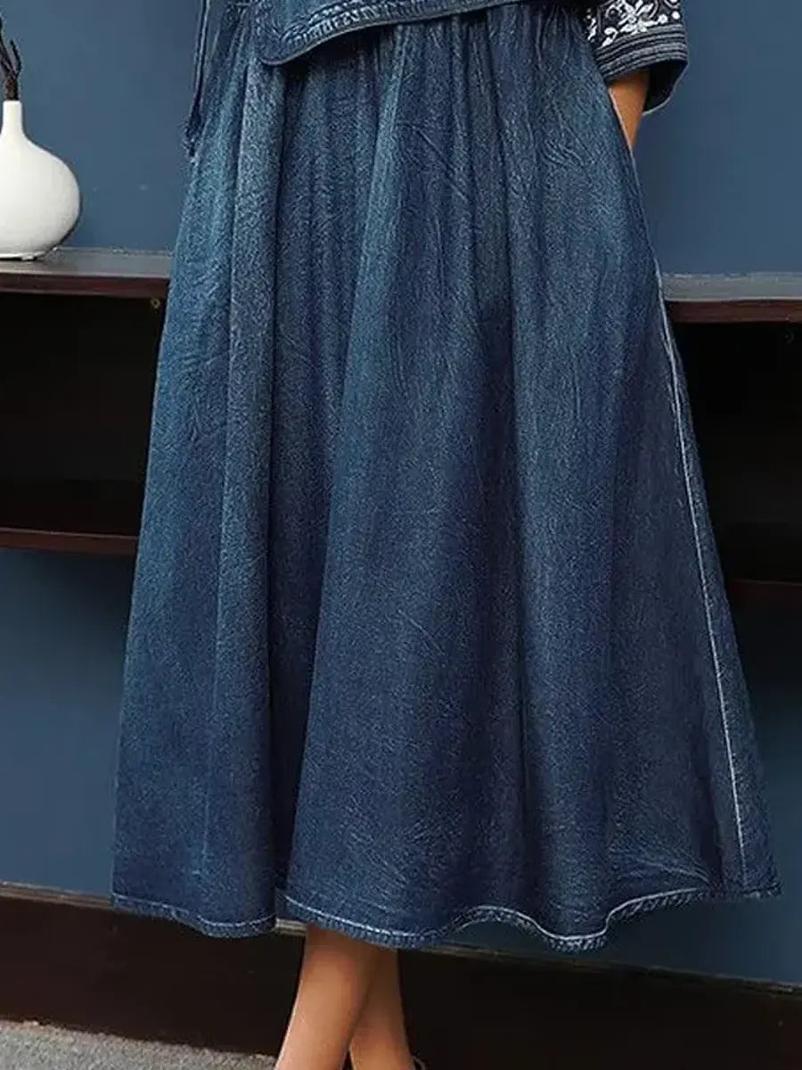 Retro Ethnic Art Casual V-Neck Denim Top and Skirt Set