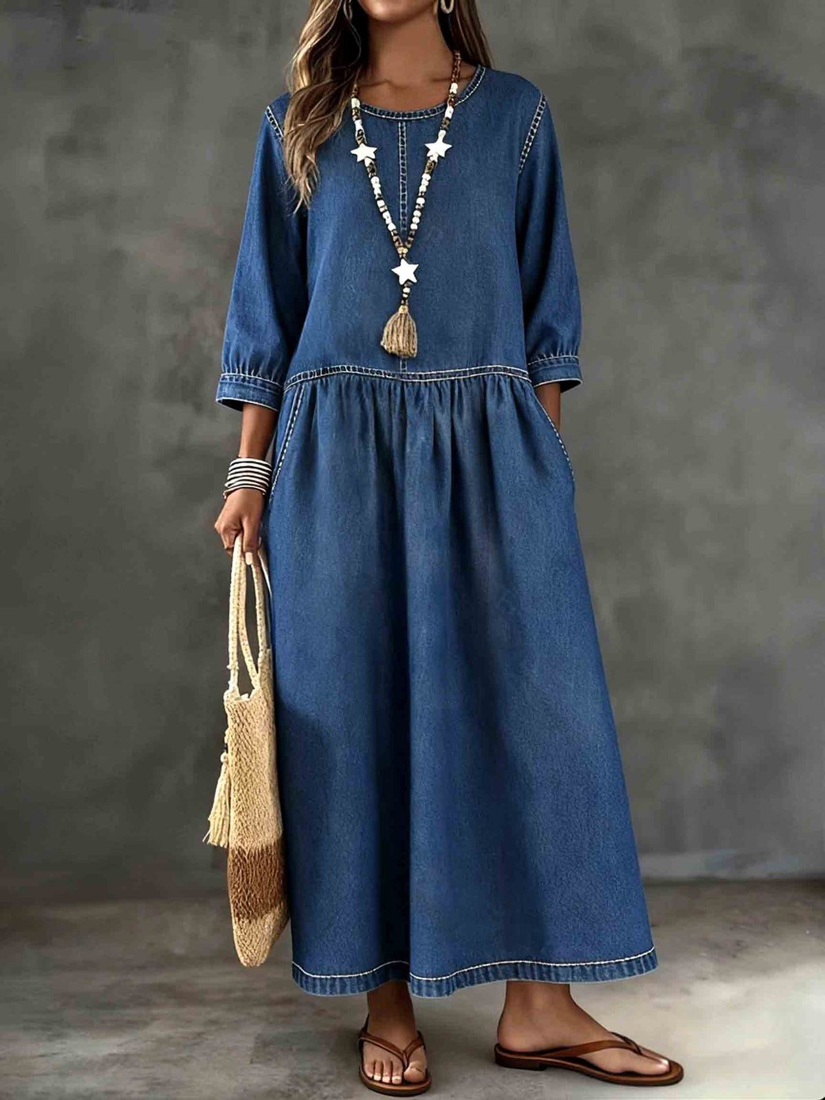 Long-Sleeve Round Neck Loose Denim Dress