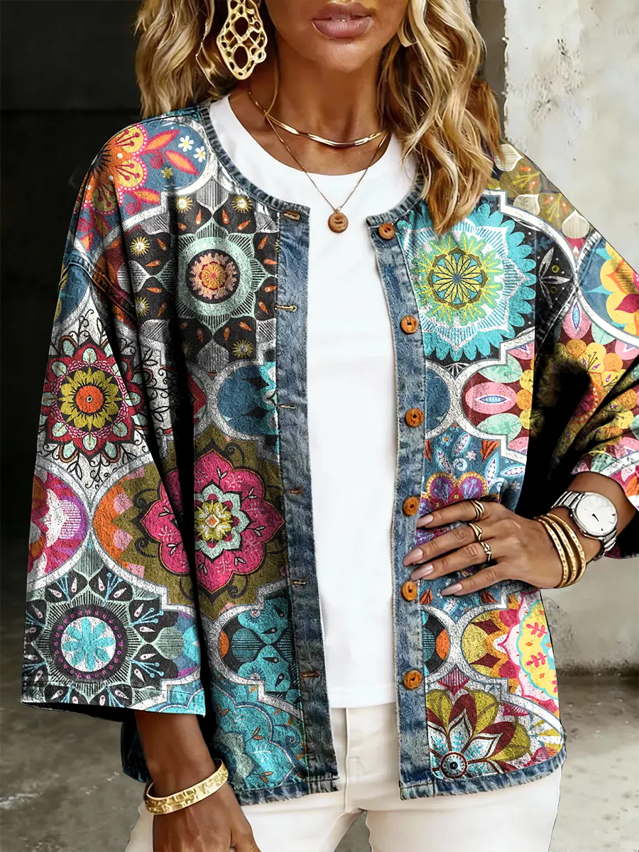 Casual Multicolor Floral Print Button-Down Long-Sleeve Denim Cardigan