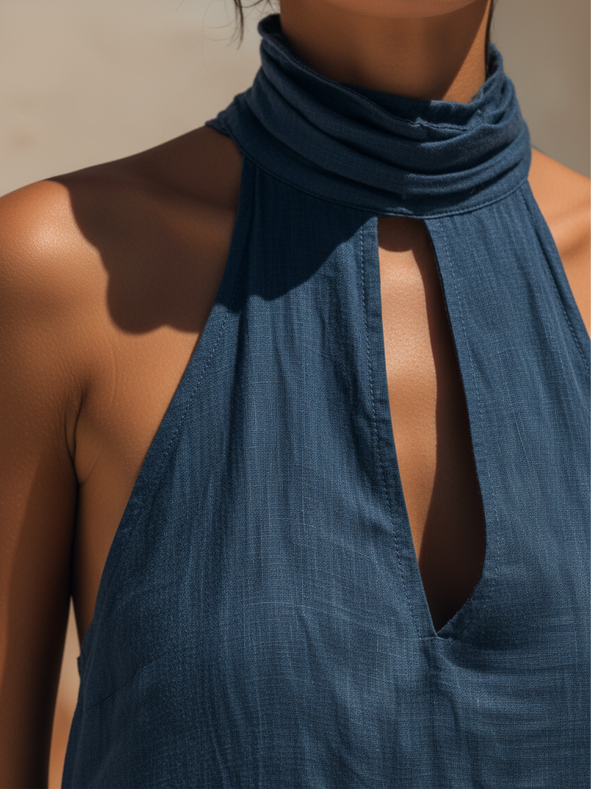 Blue Linen Halter Neck Keyhole Maxi Dress with Slit
