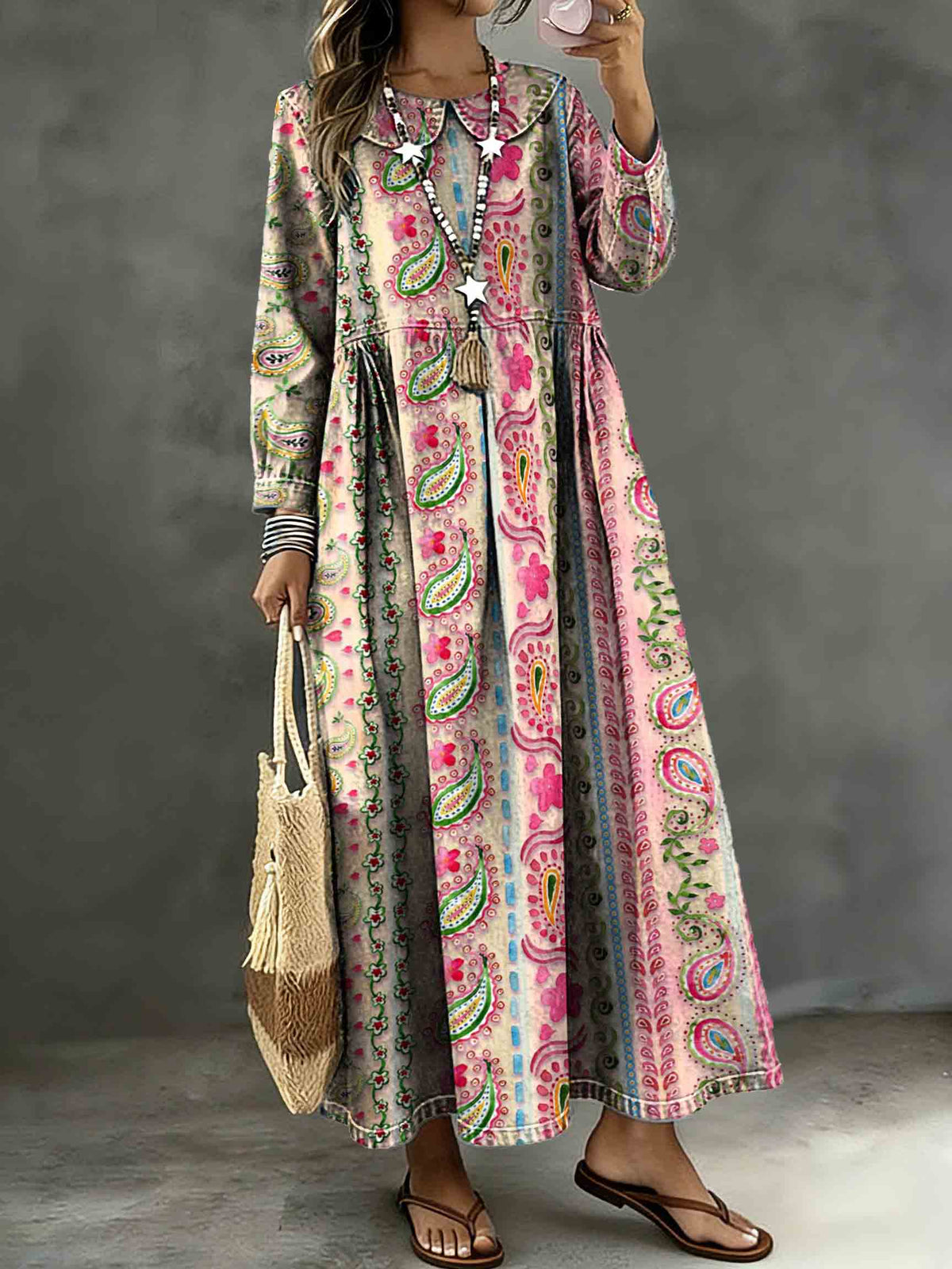Vintage Paisley Stripes Art Print Lapel Collar Pleated Long-Sleeve Casual Loose Denim Dress