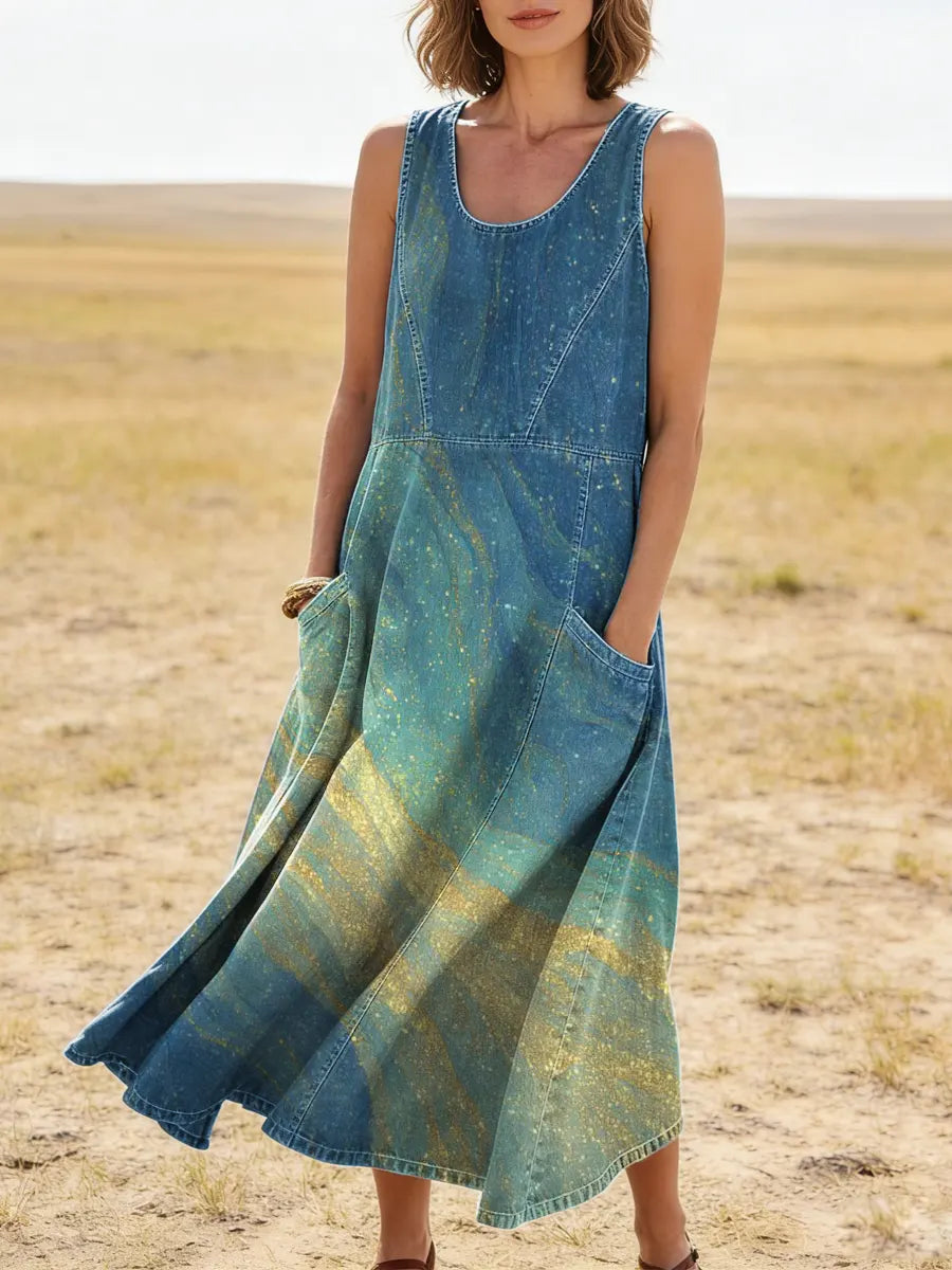 Art Print Casual Cotton Denim Dress